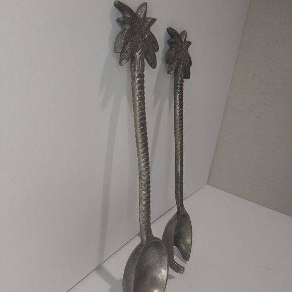 Vintage IHI India Cast Pewter Palm Tree Salad Serving Spoon & Fork Set 13" - Picture 4 of 7